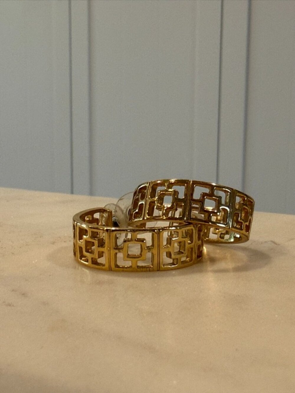 AUTHENTIC Tory Burch Gold Geometric Logo Cutout Earrings Statement Hoops